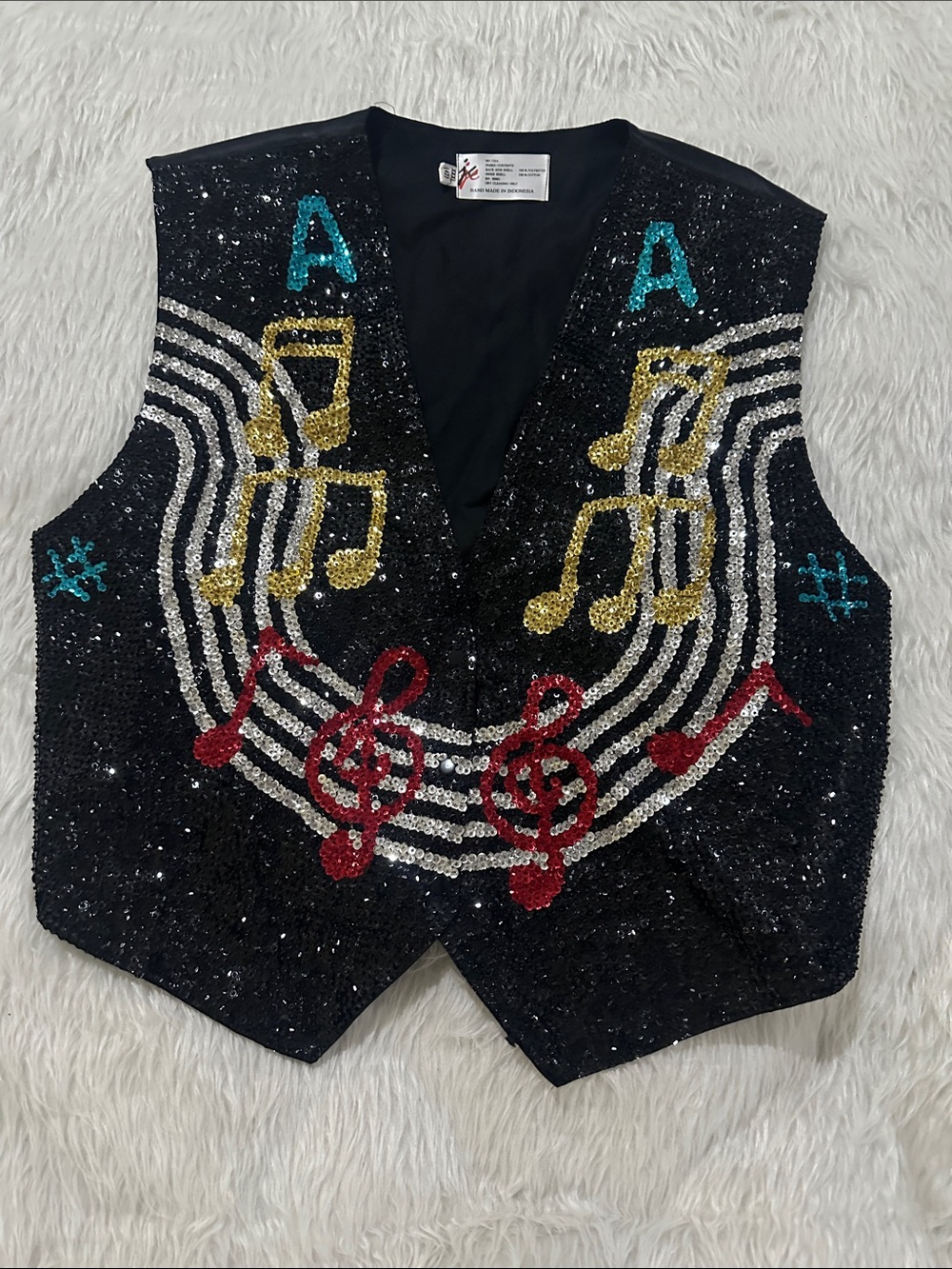 Source Unknown Black Sequin Vest with Gold, Red & Teal Musical Accents